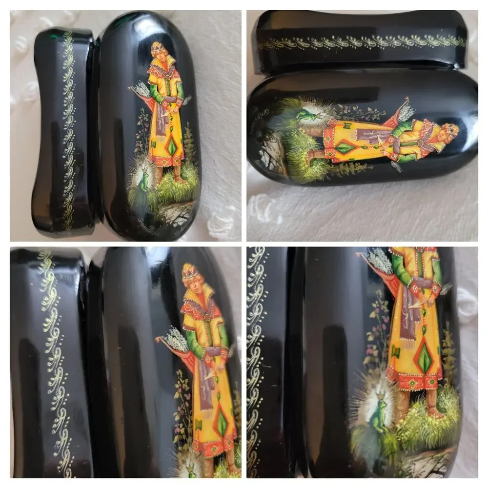 VTG Russian Fedoskino Hand Painted Frog Prince Ivan Signed Lacquer Hinged Box